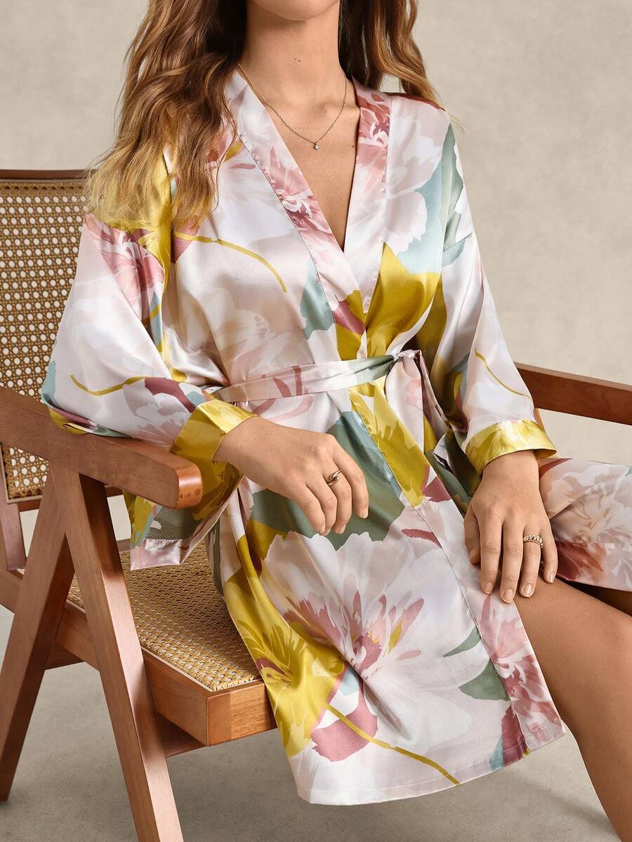 EverLounge Floral Print Drop Shoulder Belted Satin Robe Without Lingerie Luxe Loungewear, Fall, Winter - Multicolor - View 1