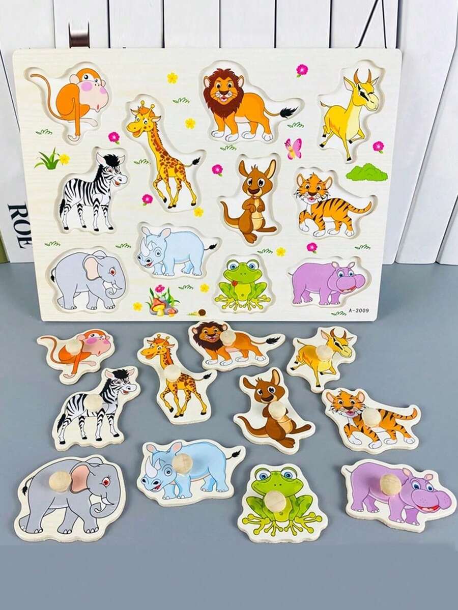 MINKOJA Cute Zoo Animal Wooden Peg Board Puzzle, Preschool Learning Sensory Toy For Infants, Perfect Early Educational Gift For Toddlers - Multicolor - View 1