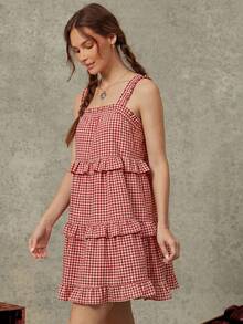 WESTFADE Vestido mini con volantes y volantes en el borde de cuadros BD13195S - Rojo y blanco - Ver 5