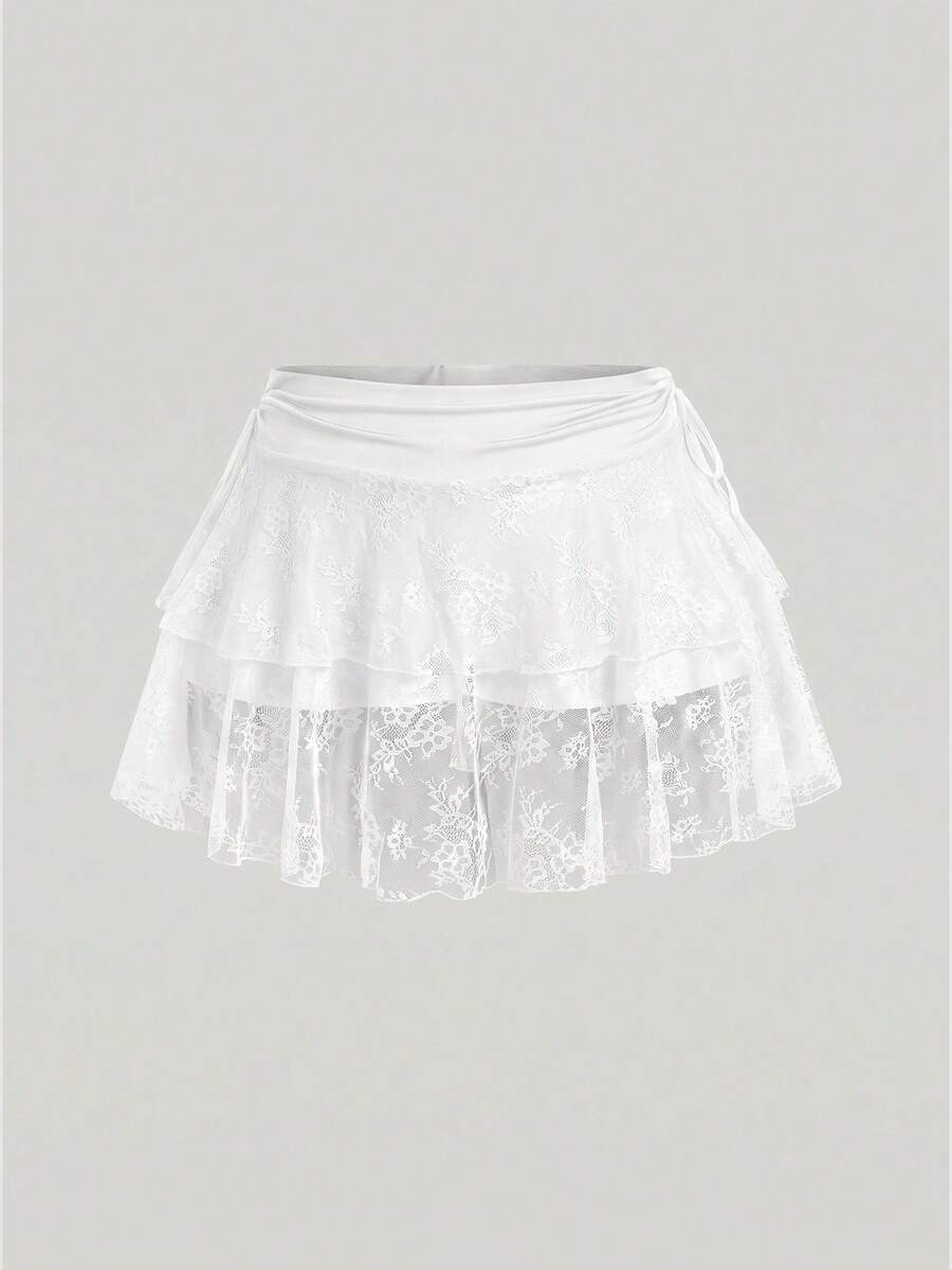 SHEIN MOD 大尺碼女款黑色蕾絲抽繩腰迷你裙,新年、電音節慶裝、Y2k服飾、性感裙、西方女裝、夏季女裝、鄉村風裝扮、情人節、郵輪性感女裝 - 白色 - 查看 1
