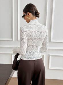 Serisse Camiseta de encaje elegante con cuello alto y mangas acampanadas para mujer - Albaricoque - Ver 7