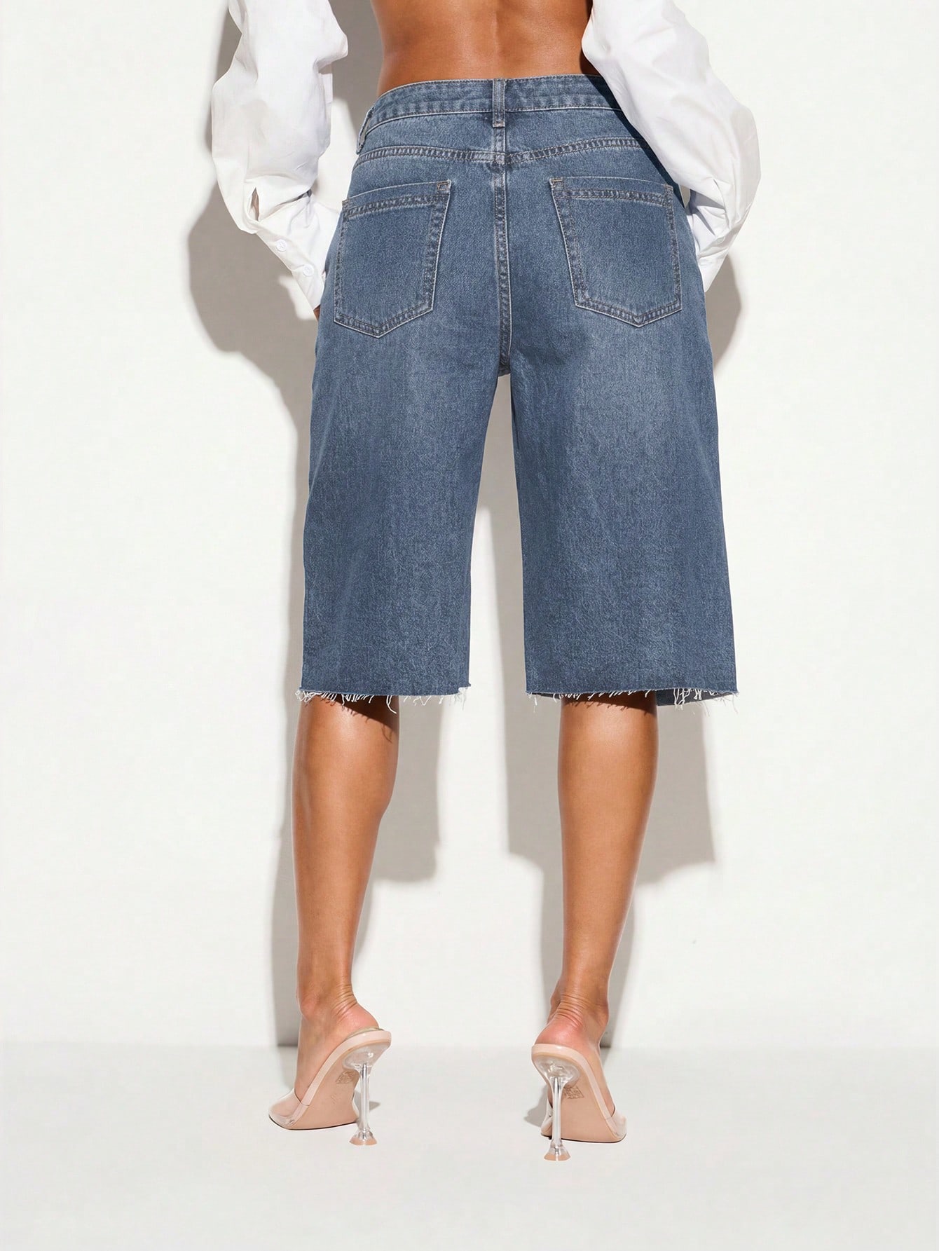 Baggy Wide Leg Denim Jorts With Raw Hem
