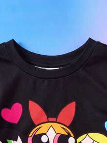 THE POWERPUFF GIRLS X SHEIN 女嬰卡通印花圓領短袖T恤與短褲休閒日常套裝 - 黑色 - 查看 3