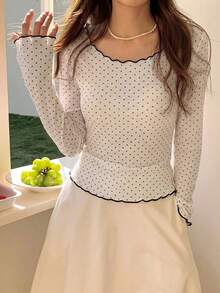 DAZY Women's Polka Dot Sheer Long Sleeve Crew Neck Undershirt, Spring/Summer - Apricot - View 2