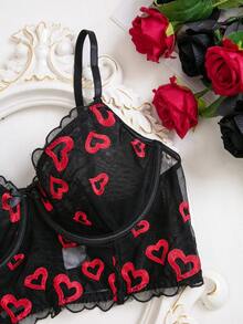 Seduluxe 2件組黑紅心形刺繡大尺碼內衣套裝 - 黑色 - 查看 4