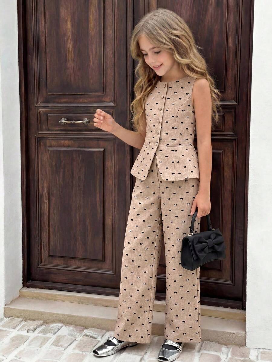 SHEIN Tween Girl Commuting Casual Flocked Bow Sleeveless Top And Straight Leg Pants Set - Khaki - View 1