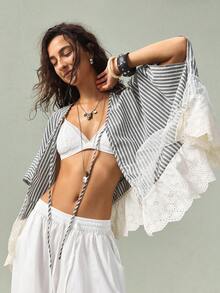 SoleilVie Blouse vintage à rayures grises et blanches en coton avec dentelle contrastée | Style français décontracté et doux, tissu en coton adapté aux sorties quotidiennes et aux rendez-vous, col V avec cordon de serrage + ourlet à double couche en dentelle, décontractée et élégante, chemise de vacances, chemise d'île, tenue d'été - Gris - Voir 9