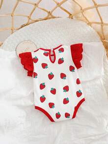 Baby Girl Strawberry Print Flutter Sleeve Bodysuit - Multicolor - View 7