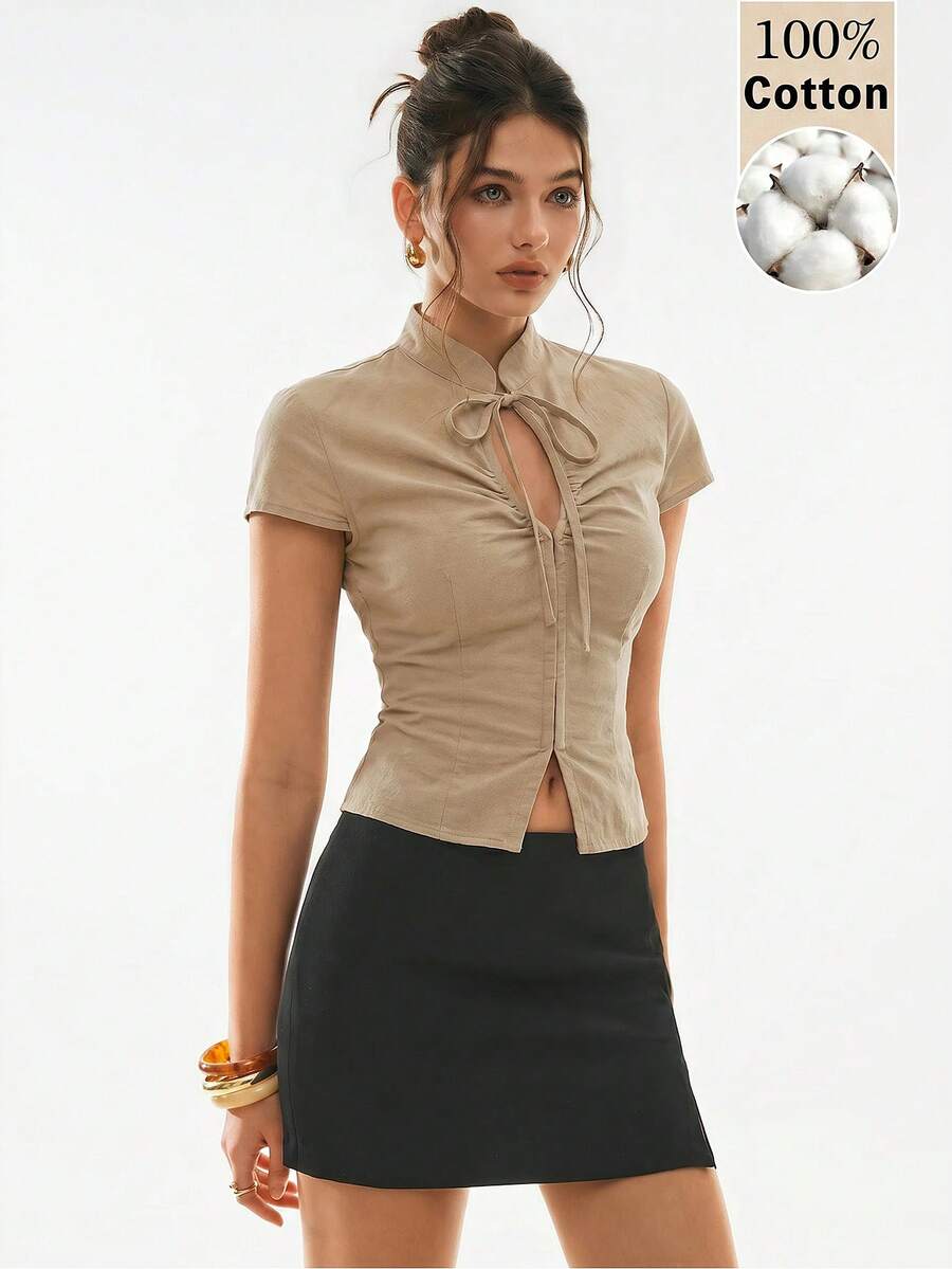 Poéselle Women's Casual Solid Color Hollow Lace-Up Blouse, Summer - Khaki - View 1