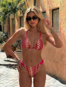 Swim Vcay Women's Spring/Summer New Bikini Swimsuit, Beach Vacation Fashion Sexy Backless Special Fabric Rose Red Two Pieces Swimwear Set - Multicolor - View 8