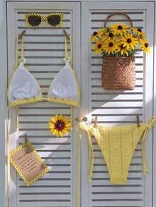 Elavelle Women's Spring/Summer Jacquard Fabric Halter Neck 3D Floral Decor Bikini Set Beach Party Yellow Cute Sexy - Yellow - View 4