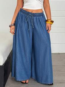 EMERY ROSE Plus Size Women's Drawstring Waist Casual Versatile Daily Wear Wide Leg Denim Jeans - Blue - View 3