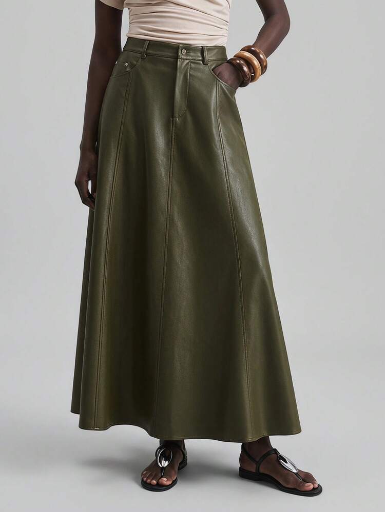 2026 Spring/Summer Women's Casual Pleated A-Line Skirt, Military Green, Soft Leather-Like Fabric, Relaxed Fit, Suitable For Beach, Holiday, Music Festival, Party, Office And Daily Wear