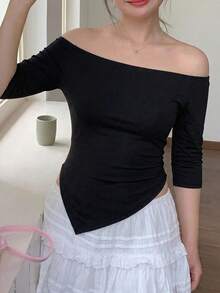 Dazy Plus Plus Size Solid Color Off Shoulder Asymmetric Hem T-Shirt - Black - View 5
