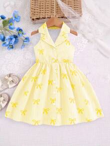 SHEIN Elladie kids 女童夏季新款时尚Polo领露背吊带束腰甜美度假风连衣裙，少女正式礼服 - 黃色 - 查看 4