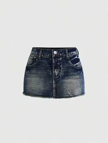 ROMWE Fairycore Jupe en jean mini taille très basse avec appliqué floral vintage, nœud et bouton décoratif pour femmes - Bleu azur - Voir 2