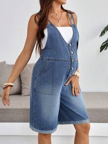 SHEIN 孕婦夏季休閒牛仔吊帶褲 - 藍色 - 查看 4