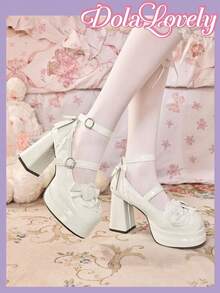 Dola Lovely 女款白色高跟瑪莉珍鞋 圓頭封口 厚底 Lolita 哥德風 蝴蝶結甜美 JK 鞋 - 白色+蕾絲 - 查看 5