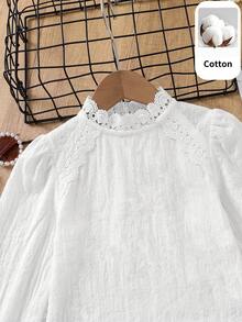 SHEIN LMoss Kids 女童編織高領長袖純色荷葉邊休閒襯衫，適合返校季，秋冬穿著 - 白色 - 查看 6