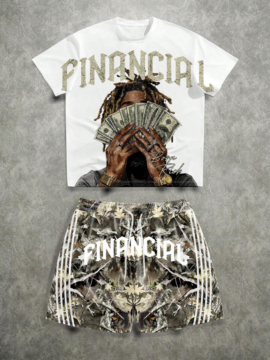 Manfinity ZONE917 Setelan Kaos dan Celana Pendek Pria Gaya Hip-Hop Longgar dengan Rambut Gimbal (Kualitas Tinggi), untuk Liburan - MultiWarna - View 1