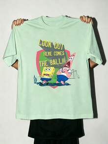 SpongeBob SquarePants | SHEIN Manfinity EMRG 男士夏季休閒度假時尚日常通勤趣味可愛卡通標語印花短袖T恤，假期 - 薄荷綠 - 查看 4