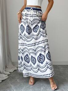 Elenzga Summer New Bohemian Style Boho White Elastic Waist Tie A-Line Skirt, Vacation Style Full Flare Print Long Skirt, Beach Style Totem Print - Blue and White - View 4