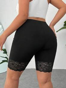 SHEIN EZwear Quần legging size lớn mùa hè thoáng khí co giãn màu trơn phối ren tương phản - màu đen - Xem 2