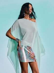 Barévion Blusa holgada de mujer estilo minimalista de unicolor con mangas de murciélago para primavera/verano y vacaciones en la playa - verde menta - Ver 7
