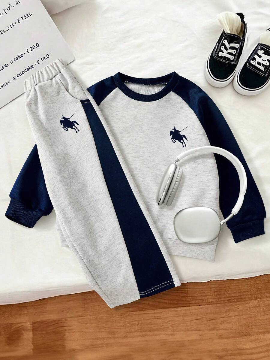 Set de 2 piezas de sudadera con cuello redondo y manga raglán con bloqueo de color azul marino y gris con estampado floral, y pantalón de chándal holgado a juego, estilo coreano minimalista, para uso diario en primavera - Gris - Ver 1