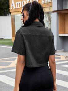 SHEIN ICON 休閒寬鬆短袖女款牛仔短版襯衫，適合夏季牛仔外套 - 黑色 - 查看 3