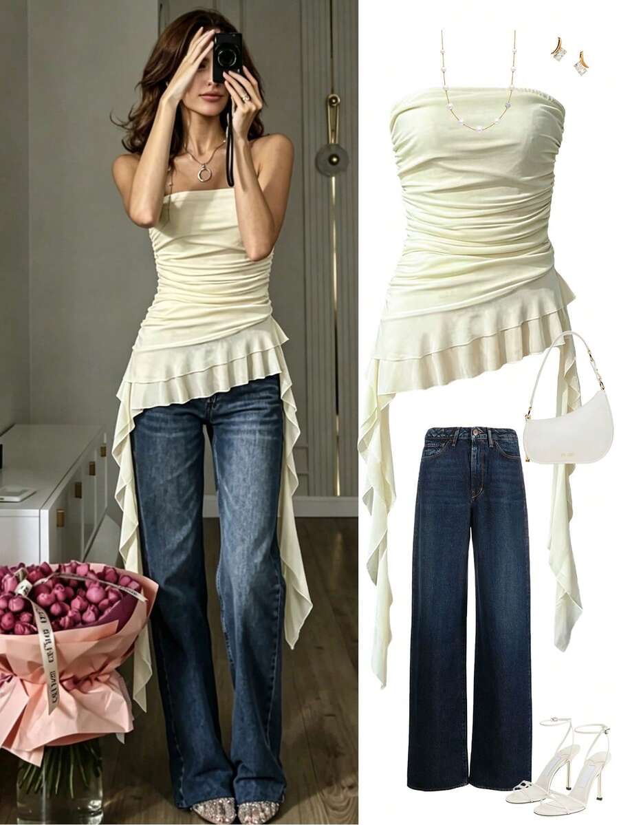 Selianne Damen Sommer Neue Aprikose Mesh Transparente Bandeau Geraffter Taille Asymmetrischer Saum Sexy Elegant Modisch Bequem Vielseitig Urlaub Streetwear Urban Chic Minimalistisch Bluse - Aprikosenfarben - Übersicht 1