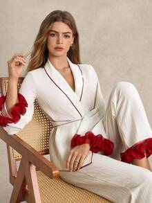 EverLounge طقم بيجامة للنساء يتكون من ملابس علوية طويلة الأكمام مزينة بكشكشة ملونة وبسحاب وبنطلون طويل، ملابس شتوية مريحة وأنيقة - لون مشمشي - مشاهدة 1