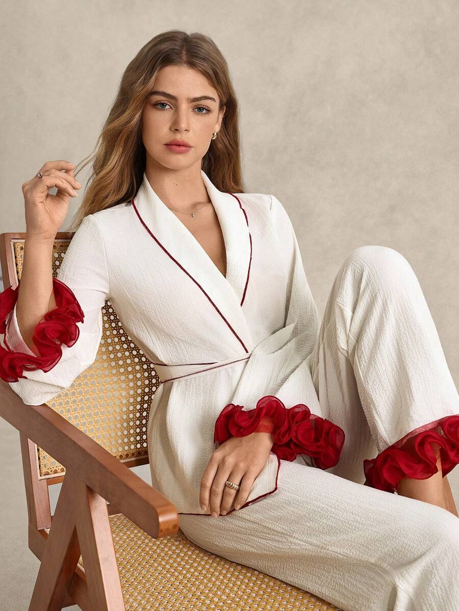 EverLounge طقم بيجامة للنساء يتكون من ملابس علوية طويلة الأكمام مزينة بكشكشة ملونة وبسحاب وبنطلون طويل، ملابس شتوية مريحة وأنيقة - لون مشمشي - مشاهدة 1