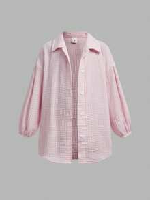 SHEIN 少女休閒時尚紋理印花三件套 襯衫+背心+短褲，100%純棉，柔軟舒適 - 粉色 - 查看 7
