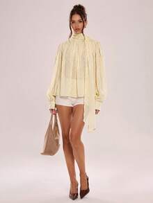 Avenya Vintage Elegant Polka Dot Ruched Long Sleeve Chiffon Blouse Teachers' Day Office Brunch White Polka Dot Autumn - Multicolor - View 6