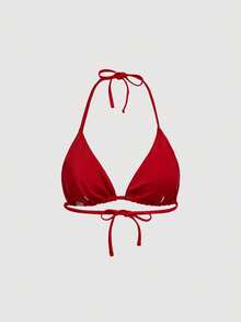 SHEIN MOD Women's Sexy Summer Beach Vacation Style Backless Knot Halter Neck Two-Piece Bikini Set With Contrast Striped Swim Bottoms 3pcs - Red - View 9