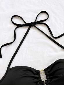Soleia 两件套条纹针织纹理无袖上衣配金属扣细肩带短裤，休闲度假、派对、约会、夜店、波西米亚风、复古风、假日女装 - 黑與白 - 查看 5