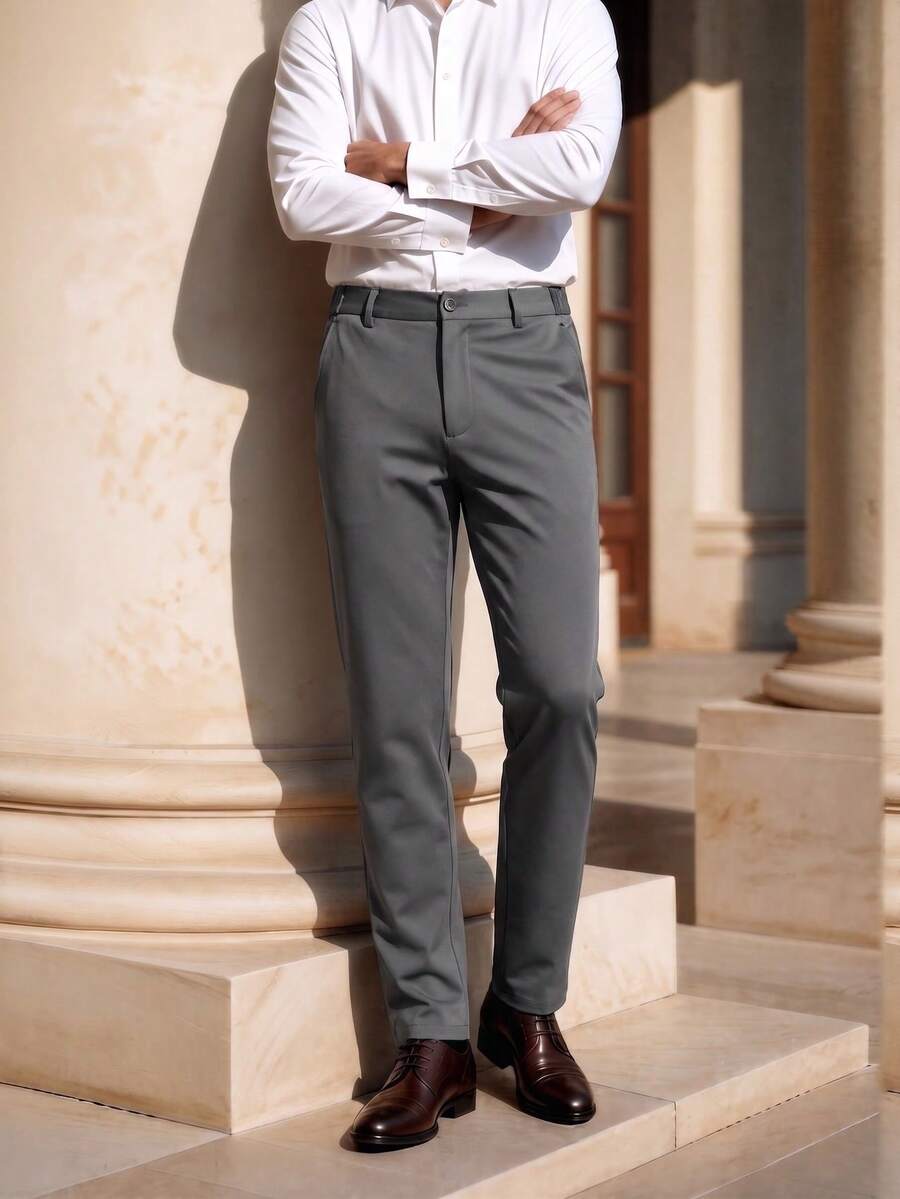 Officeau Men's Suit Pants, Fashionable Casual Straight Leg Trousers, Loose Minimalist Style, Solid Color Wrinkle-Resistant Straight Leg Pants - Grey - View 1