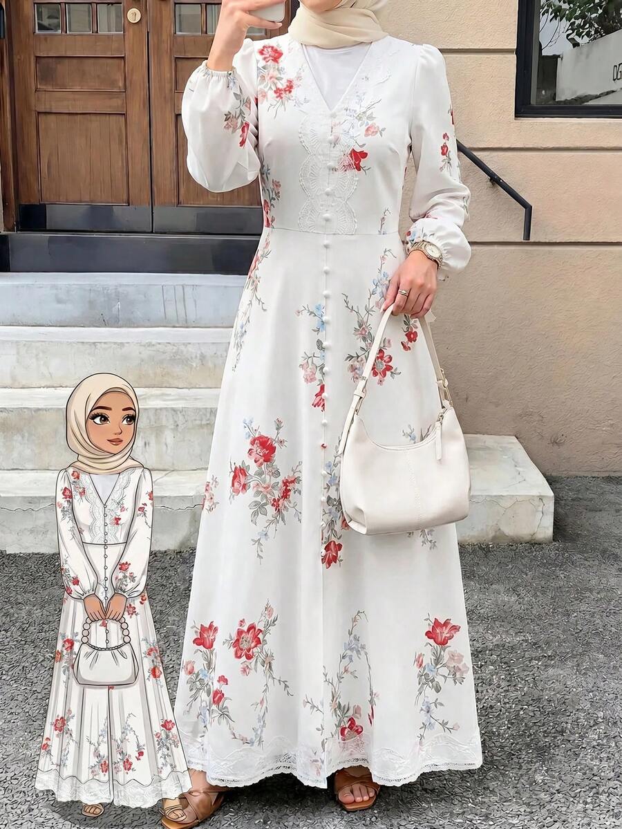 Solavon Robe de vacances pour femmes avec imprimé floral et patchwork en dentelle - Multicolore - Voir 1
