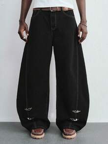 ROMWE MEN Street Life Men's Wide Leg Jeans With Plane Buckle And Slant Pockets - Black - View 3