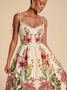 Travachic Women's Floral Print Contrast Lace Elegant Midi Strap Dress - Multicolor - View 3