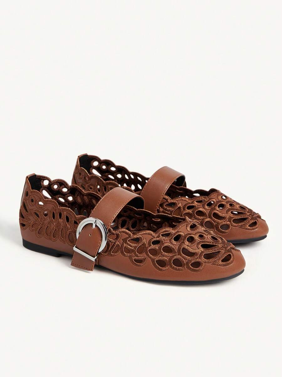 CUCCOO CHICEST Women's Hollow Embroidery, Buckle, Comfortable Flat Shoes Fall Shoes - Brown - View 1
