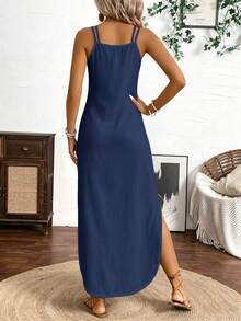Breezaya Vertical Striped Multi-Colored Spaghetti Strap Dress Maxi Women Outfit - Royal Blue - View 2