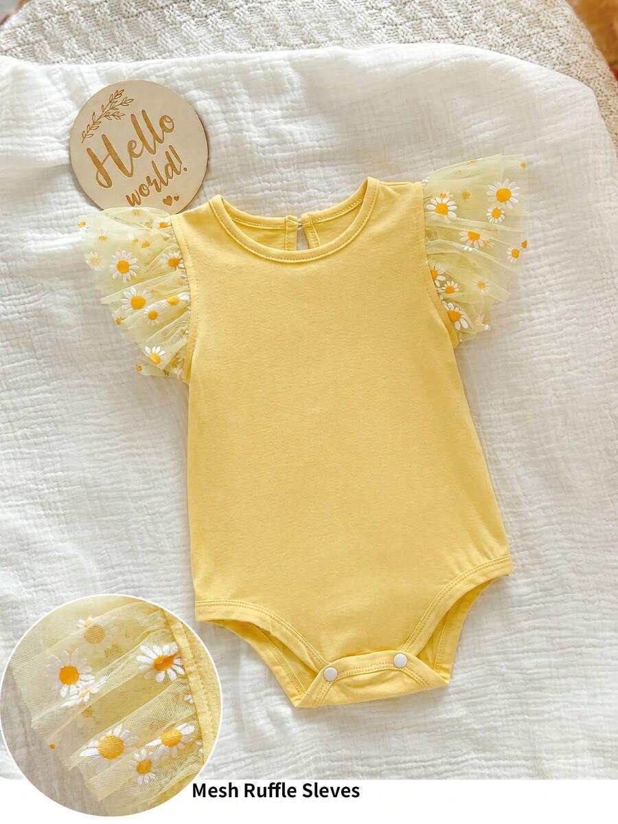 Newborn Baby Girl Cute Knitted White Cap Sleeve Romper, Casual Summer - Yellow - View 1