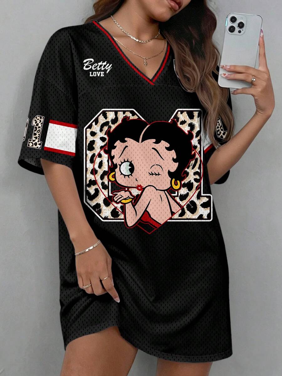 Slaydiva Betty Boop x SHEIN 大尺碼女款V領字母卡通印花休閒派對洋裝 - 彩色 - 查看 1