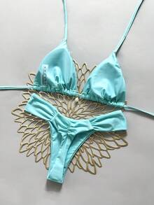 Swim Mod Bộ 2 món, áo ngực tam giác cổ yếm và quần bikini nữ sexy, vải sequin vân nổi trang trí ngọc trai giả, đồ bơi đi nghỉ dưỡng - Màu xanh bạc hà - Xem 3