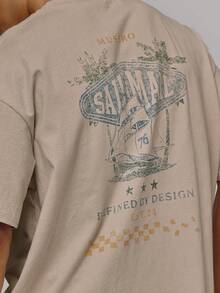 Musero Oversized Crew Neck Short Sleeve Large Back SAIL MAIL Washed Graphic Tshirt SummerHoliday Essentials - Khaki - View 2