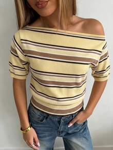 Aloruh Women's Spring New Contrast Color Striped Brown And Blue Short Sleeve Loose Top Tight Bottom Sweater - Multicolor - View 3