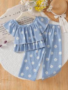 SHEIN Vintaside Kids 幼女雛菊印花格紋2件套套裝，可愛藍色格紋荷葉邊露肩上衣 & 寬鬆長褲套組，夏季休閒透氣兩件式女嬰服裝 1-6歲 - 藍色 - 查看 1