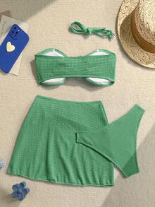 Soleia Women's Summer Beach Vacation Solid Color Textured Fabric Bandeau Bikini Set With Cover Up Skirt 3-Piece Set Green Tropical - Dark Green - View 2